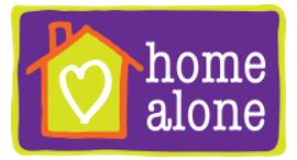 A purple rectangle with a yellow house and the words "Home Alone"