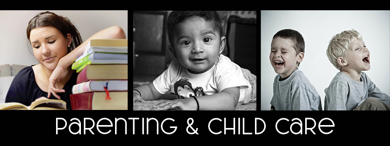 A teen studies, a baby and two boys laughing with the words "parenting and child care"