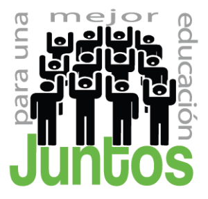 Stick figure people stand in a group with the Juntos logo