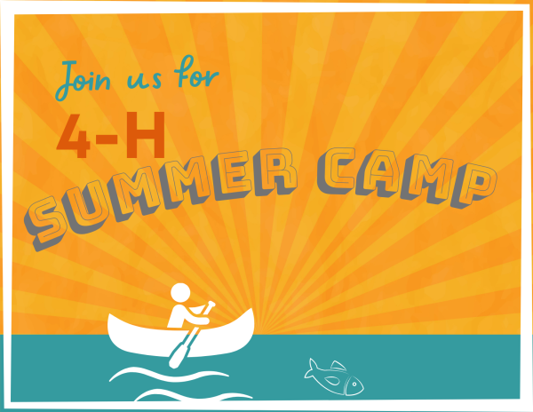 A person rowing a boat with the sun setting and the words "Join us for 4-H Summer Camp"