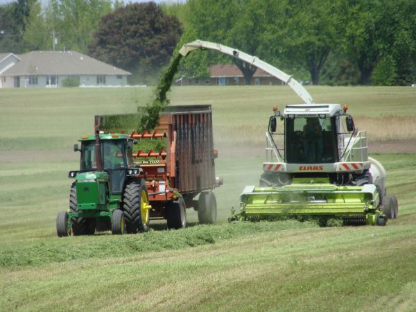 Two tractors plowing a field